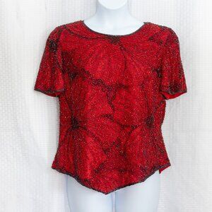 Andretta Donatella Size 3X 100% silk beaded red/blue short sleeve evening blouse
